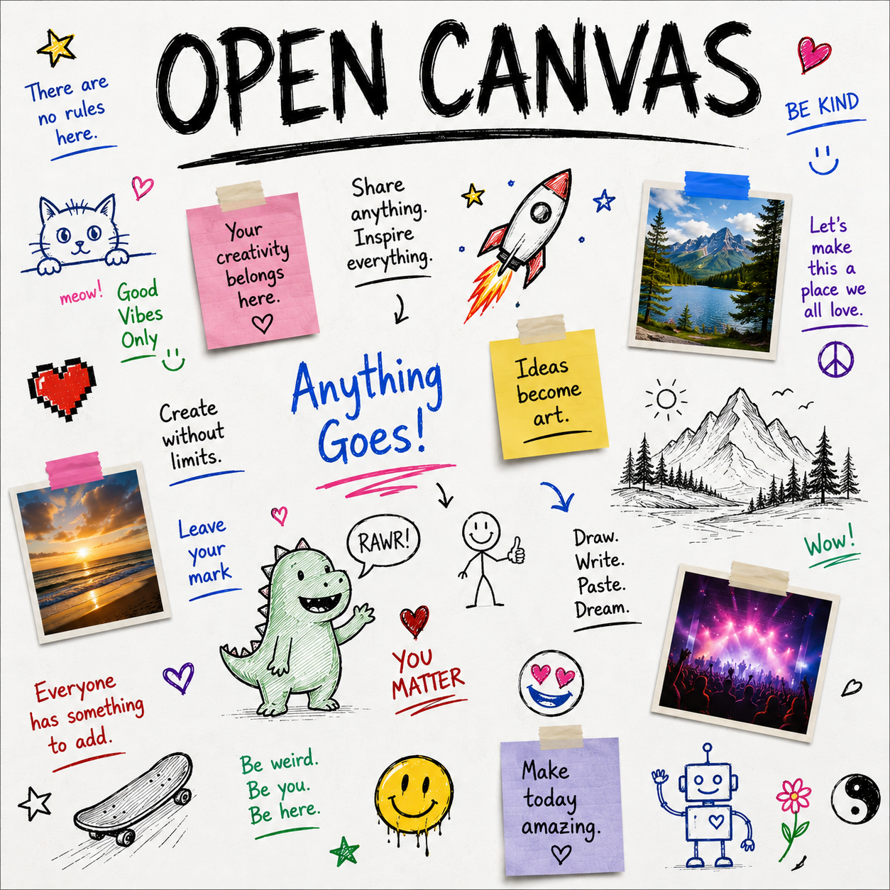 Open canvas with handwritten messages and simple drawings of a sun, dinosaur, rocket, cat, and mountains