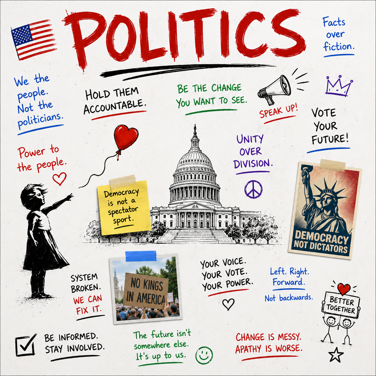 Politics canvas with typed text, handwritten messages, a flag, a crowd, and a Capitol drawing
