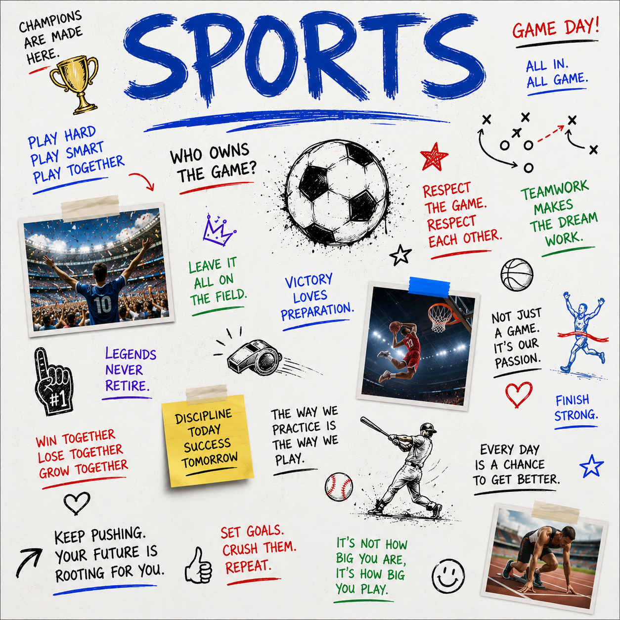 Sports canvas with a pasted soccer ball, handwritten cheers, and drawn play arrows